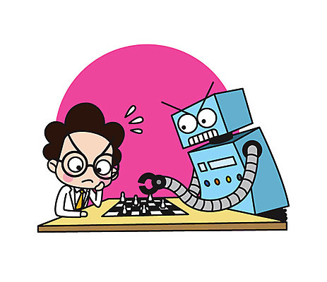 캐릭터 남자 스티커 일러스트 직업캐릭터 한명 앉기 상반신 성인 체스 집중 로봇 과학자 맞대결 일러캐릭터 AI파일 직업 1 과학 컨셉 모션 놀이 사람 학자 파일형식 벡터