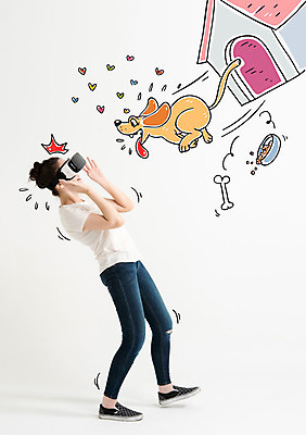 전신 여자 포토일러 한명 서기 성인 옆모습 놀람 한국인 개 스마트 개집 3D안경 개뼈다귀 개사료 반려 가상현실 VR기기 이미지편집 AI파일 편집이미지 1 감정 안경 뷰포인트 컨셉 포유류 모션 표정 사람 동양인 기계 먹이 애견용품 애견간식 파일형식 벡터