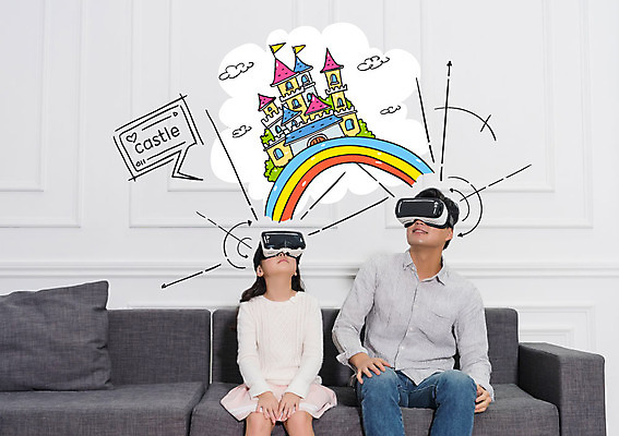 여자 남자 딸 어린이 무지개 말풍선 포토일러 앉기 성인 두명 소파 한국인 올려보기 성 아빠 스마트 3D안경 가상현실 VR기기 이미지편집 AI파일 자연요소 편집이미지 건축물 안경 컨셉 의자 가족 모션 사람 동양인 기계 파일형식 벡터