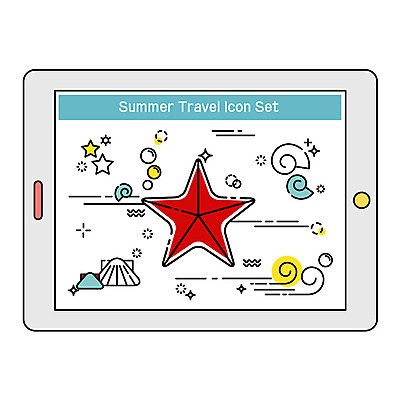 별 파도 여행 일러스트 불가사리 사람없음 여름 여름휴가 바캉스 태블릿 소라 가리비 국내일러스트 AI파일 자연요소 계절 바다 휴가 조개 어패류 극피동물 전자제품 스마트기기 파일형식 벡터 여름_계절