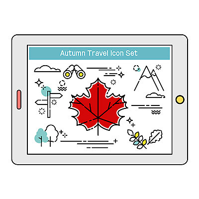 나무 여행 단풍 일러스트 나뭇잎 산 사람없음 태블릿 망원경 가을 표지판 가을여행 국내일러스트 AI파일 식물 계절 잎 알림판 전자제품 스마트기기 파일형식 벡터 가을_계절