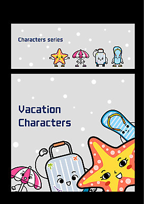 캐릭터 일러스트 휴가 불가사리 사람없음 세트 캐리어 파라솔 샌들 사물캐릭터 일러캐릭터 AI파일 신발 극피동물 여행가방 파일형식 벡터