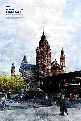 주간 PSD 나무 해외풍경 일러스트 수채화 독일 사람 풍경 여러명 야외 건물 관광지 번짐 감성 랜드마크 마인츠대성당 국내일러스트 자연요소 식물 해외 건축물 유럽 여행 다수 컨셉 성당 파일형식 효과