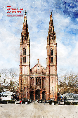 주간 PSD 나무 해외풍경 일러스트 하늘 수채화 풍경 사람없음 야외 건물 관광지 번짐 감성 랜드마크 성보니파티우스 프랑크푸르트 국내일러스트 자연요소 식물 해외 건축물 여행 컨셉 독일 도시 파일형식 효과