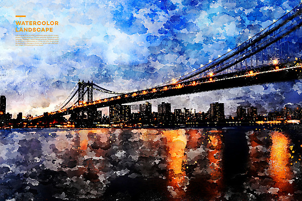 PSD 해외풍경 야경 일러스트 수채화 사람없음 야외 건물 관광지 강 미국 다리 번짐 감성 금문교 랜드마크 샌프란시스코 국내일러스트 해외 건축물 여행 컨셉 북아메리카 풍경 신체부위 다리_건축물 야간 파일형식 효과 풍경_경치