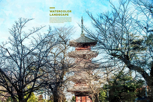 주간 PSD 나무 전통 해외풍경 고건축 일러스트 하늘 수채화 풍경 사람없음 야외 관광지 탑 일본 사찰 사원 번짐 감성 랜드마크 이케가미혼몬지 국내일러스트 자연요소 식물 해외 건축물 아시아 여행 컨셉 비즈니스 종교건축 도쿄 파일형식 효과