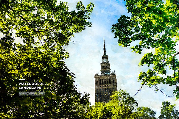 주간 PSD 나무 해외풍경 일러스트 수채화 풍경 사람없음 야외 관광지 탑 번짐 감성 동유럽 폴란드 랜드마크 바르샤바 문학과학궁전 국내일러스트 자연요소 식물 해외 건축물 유럽 여행 컨셉 궁전 파일형식 효과