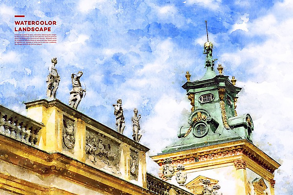 주간 PSD 해외풍경 유럽 일러스트 수채화 풍경 사람없음 야외 관광지 궁전 번짐 감성 동유럽 폴란드 랜드마크 바르샤바 빌라노우궁전 국내일러스트 자연요소 해외 나라 여행 컨셉 고건축 파일형식 효과