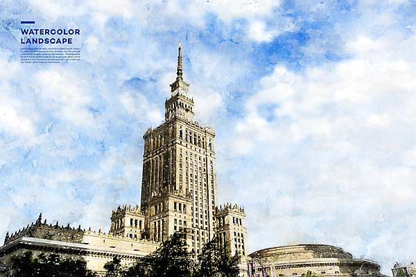주간 PSD 해외풍경 유럽 일러스트 하늘 수채화 풍경 사람없음 야외 건물 관광지 궁전 번짐 감성 동유럽 폴란드 랜드마크 문화과학궁전 바르샤바 국내일러스트 자연요소 해외 건축물 나라 여행 컨셉 고건축 파일형식 효과
