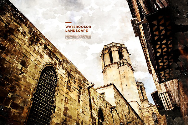 PSD 해외풍경 일러스트 수채화 거리 풍경 사람없음 스페인 번짐 감성 바르셀로나 카탈루냐 국내일러스트 해외 유럽 컨셉 파일형식 효과