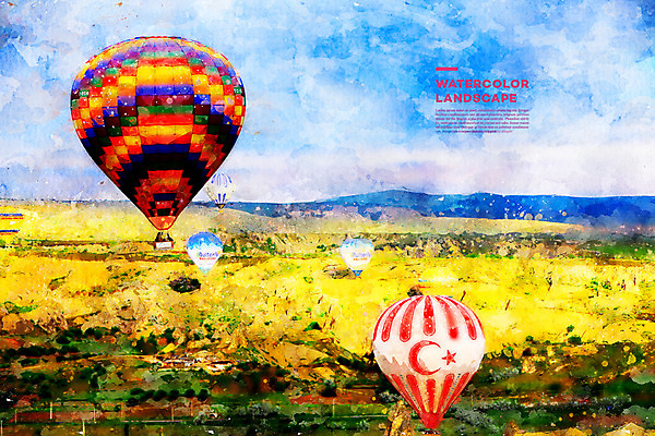 주간 PSD 해외풍경 일러스트 하늘 레저 수채화 카파도키아 풍경 사람없음 야외 관광지 돌_바위 바위 비행 기암괴석 보고서 애드벌룬 번짐 감성 랜드마크 튀르키예 국내일러스트 자연요소 해외 아시아 여행 컨셉 바위_돌 파일형식 효과