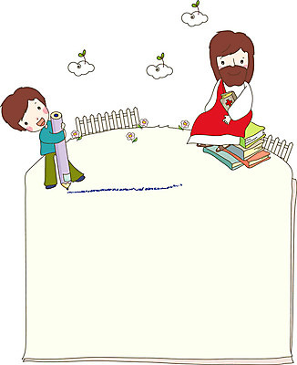 전신 구름 남자 꽃 기독교 종교 어린이 일러스트 프레임 웃음 들기 성인 두명 책 울타리 연필 기록 예수 프레임일러스트 국내일러스트 AI파일 자연요소 식물 모션 학용품 표정 사람 담장 필기구 신_종교 파일형식 벡터