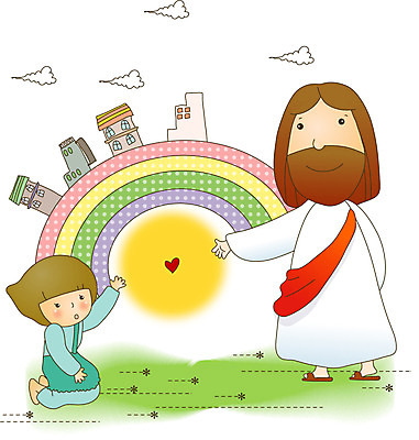 전신 구름 여자 남자 기독교 종교 어린이 무지개 일러스트 주택 사랑 잔디 성인 두명 빛 하트 예수 국내일러스트 AI파일 자연요소 모양 식물 감정 사람 건물 신_종교 파일형식 벡터