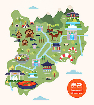 여행 지도 일러스트 산 한국 텐트 세마리 사람없음 관광지 폭포 캠핑 말_동물 사찰 펜션 특산물 강원도 패러글라이딩 춘천 국내여행 닭갈비 랜드마크 막국수 소양강댐 안내도 국내일러스트 AI파일 아시아 스포츠 포유류 종교건축 자연 숙소 레저 캠핑도구 3 닭고기 댐 국수 닭고기요리 파일형식 벡터