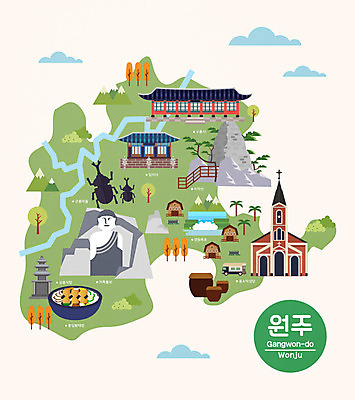 여행 곤충 지도 일러스트 한국 사람없음 관광지 성당 사찰 항아리 불상 특산물 원주 강원도 국내여행 랜드마크 장수풍뎅이 치악산 안내도 국내일러스트 AI파일 동물 아시아 불교 종교건축 도자기 파일형식 벡터