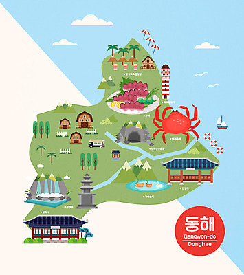 여행 지도 일러스트 한국 사람없음 관광지 사찰 습지 석탑 특산물 강원도 동해 문어 대게 국내여행 랜드마크 안내도 국내일러스트 AI파일 아시아 바다 종교건축 연체동물 탑 수중동물 게 파일형식 벡터