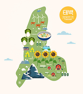 여행 지도 일러스트 해바라기 한국 사람없음 관광지 소 풍력에너지 배추 유채 특산물 강원도 국내여행 랜드마크 수제비 태백 태백산 안내도 국내일러스트 AI파일 꽃 아시아 채소 포유류 산 그린에너지 파일형식 벡터