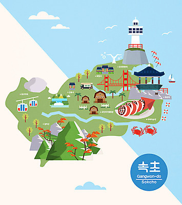 여행 단풍 지도 일러스트 한국 등대 해변 사람없음 관광지 바위 파라솔 특산물 강원도 전망대 케이블카 대게 국내여행 랜드마크 설악산 속초 아바이순대 안내도 국내일러스트 AI파일 아시아 바다 잎 산 게 돌_바위 순대 인제 파일형식 벡터 북한음식