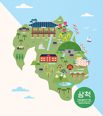 여행 지도 일러스트 한국 사람없음 관광지 튤립 회 유채 박물관 특산물 강원도 국내여행 랜드마크 삼척 왕릉 죽서루 안내도 국내일러스트 AI파일 꽃 아시아 음식 정자_건축물 파일형식 벡터