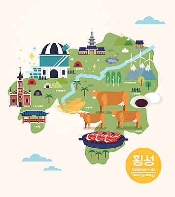 여행 지도 일러스트 산 한국 사람없음 관광지 성당 소 특산물 강원도 한우 천문대 국내여행 더덕 랜드마크 호빵 횡성 안내도 국내일러스트 AI파일 아시아 빵 포유류 종교건축 소고기 파일형식 벡터