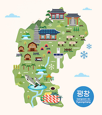여행 지도 일러스트 한국 사람없음 관광지 종 양 석탑 특산물 강원도 국내여행 랜드마크 송어 양떼목장 평창 호빵 송어회 안내도 국내일러스트 AI파일 아시아 빵 포유류 어류 탑 목장 생선회 파일형식 벡터