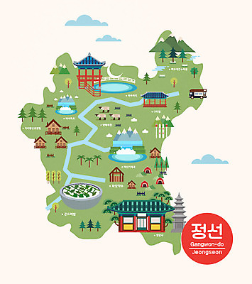 여행 지도 일러스트 한국 사람없음 관광지 양 특산물 강원도 수목원 곤드레밥 국내여행 랜드마크 양떼목장 정선 안내도 국내일러스트 AI파일 아시아 포유류 밥 목장 파일형식 벡터