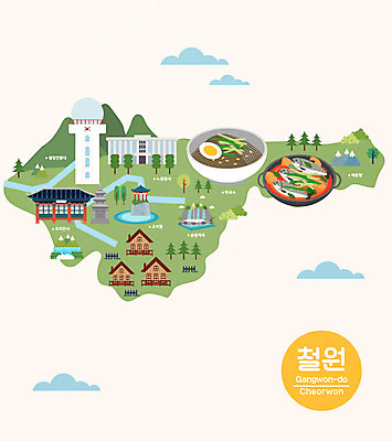 여행 지도 일러스트 한국 사람없음 관광지 계곡 특산물 강원도 전망대 매운탕 국내여행 랜드마크 막국수 철원 안내도 국내일러스트 AI파일 아시아 국수 탕 파일형식 벡터