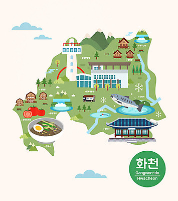 여행 지도 토마토 일러스트 한국 눈꽃 사람없음 관광지 특산물 강원도 전망대 얼음낚시 국내여행 랜드마크 막국수 산천어 화천 안내도 국내일러스트 AI파일 아시아 채소 낚시 눈_날씨 민물고기 국수 파일형식 벡터