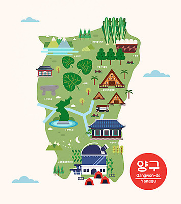 섬 여행 지도 일러스트 한국 사람없음 관광지 특산물 강원도 한과 천문대 국내여행 랜드마크 시래기 전통다과 곰취 양구 안내도 국내일러스트 AI파일 아시아 채소 디저트 전통음식 다과 파일형식 벡터
