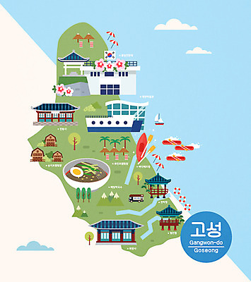 여행 지도 일러스트 한국 사람없음 관광지 태극기 유람선 급류타기 해수욕장 박물관 특산물 강원도 전망대 무궁화 고성_경상남도 국내여행 랜드마크 막국수 안내도 국내일러스트 AI파일 꽃 아시아 바다 배_교통 수상스포츠 국기 경상남도 국수 파일형식 벡터