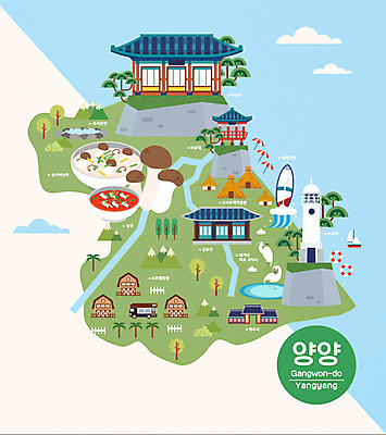 여행 지도 일러스트 한국 등대 사람없음 관광지 온천 사찰 서핑 해수욕장 특산물 강원도 죽 송이버섯 국내여행 랜드마크 양양군 섭국 안내도 국내일러스트 AI파일 아시아 한식 음식 바다 종교건축 스파 버섯 수상스포츠 파일형식 벡터