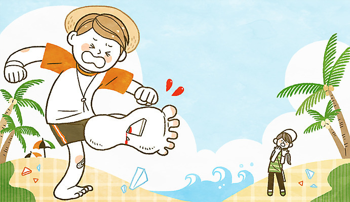 전신 PSD 남자 파도 일러스트 맨발 안전 성인 해변 두명 여름 여름휴가 바캉스 야자수 상처 안전수칙 규칙 유리조각 국내일러스트 나무 계절 바다 발 휴가 사람 파일형식 여름_계절