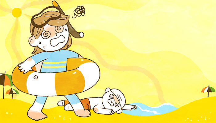 전신 PSD 여자 남자 바다 일러스트 안전 해변 두명 여름 여름휴가 바캉스 태양 더위 안전수칙 규칙 튜브 일사병 국내일러스트 자연요소 계절 날씨 휴가 사람 질병 파일형식 여름_계절