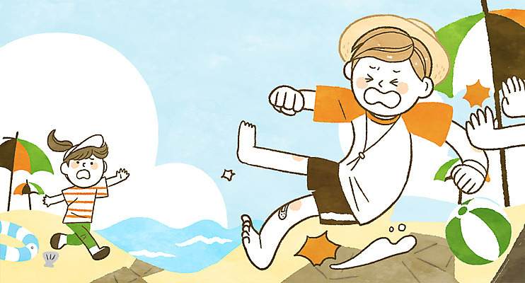 전신 PSD 여자 남자 바다 일러스트 안전 성인 해변 신체부위 세명 여름 여름휴가 바캉스 파라솔 위험 비치볼 안전수칙 규칙 튜브 팔 넘어짐 국내일러스트 계절 컨셉 공 모션 휴가 바캉스용품 사람 파일형식 여름_계절