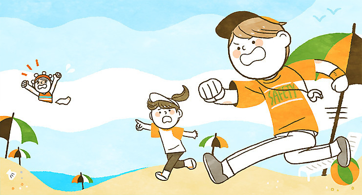 전신 PSD 여자 남자 바다 일러스트 안전 상반신 성인 세명 여름 여름휴가 바캉스 파라솔 비치볼 안전수칙 규칙 안전요원 국내일러스트 계절 공 휴가 바캉스용품 사람 파일형식 여름_계절