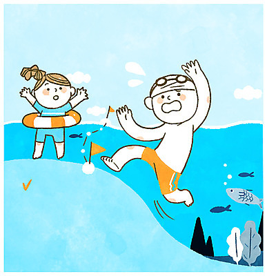 전신 PSD 여자 남자 어린이 바다 일러스트 어류 안전 두명 여름 여름휴가 바캉스 바닷속 위험 안전수칙 규칙 튜브 안전선 해초류 국내일러스트 계절 컨셉 휴가 사람 수중 수중동물 해양식물 파일형식 여름_계절