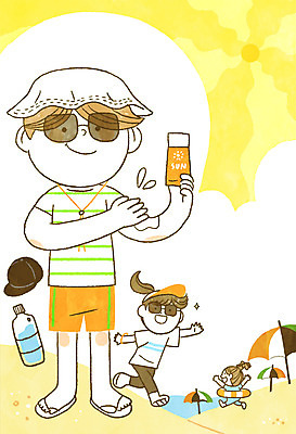 전신 PSD 모자 여자 남자 어린이 바다 일러스트 안전 성인 해변 세명 물 여름 여름휴가 바캉스 선글라스 파라솔 선크림 안전수칙 규칙 국내일러스트 자연요소 잡화 계절 안경 휴가 사람 화장품 파일형식 여름_계절