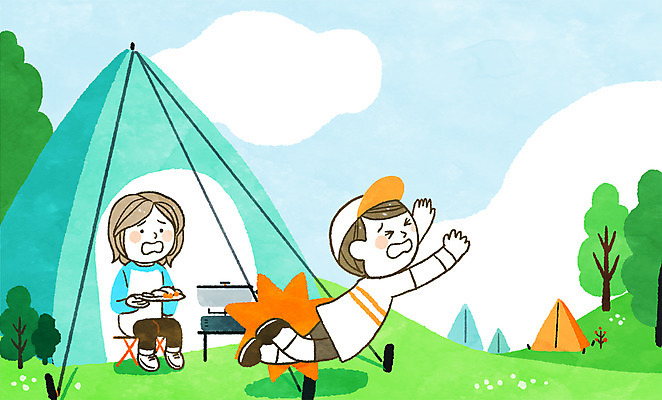 전신 PSD 나무 여자 남자 일러스트 텐트 안전 초원 성인 두명 여름 여름휴가 바캉스 캠핑 안전수칙 규칙 넘어짐 국내일러스트 식물 계절 모션 레저 휴가 캠핑도구 사람 파일형식 여름_계절