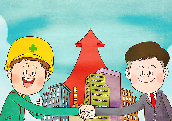 PSD 남자 화살표 일러스트 하늘 협력 노동자 직장 정장 상반신 성인 두명 건물 손잡기 화합 노사화합 노사관계 국내일러스트 직업 건축물 옷 회사 비즈니스 모션 사람 파일형식