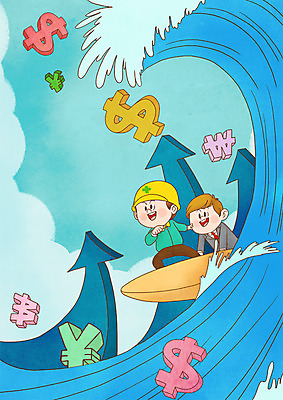 PSD 남자 파도 일러스트 하늘 협력 노동자 직장 정장 상반신 성인 두명 달러 원화 화폐기호 서핑 엔 화합 노사화합 노사관계 국내일러스트 직업 기호 옷 바다 돈 회사 비즈니스 사람 수상스포츠 화폐 파일형식