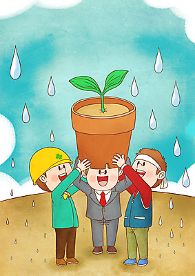 전신 PSD 남자 화분 일러스트 하늘 협력 노동자 직장 들기 정장 성인 세명 새싹 물방울 비 화합 노사화합 노사관계 국내일러스트 자연요소 식물 직업 옷 회사 비즈니스 모션 날씨 사람 파일형식