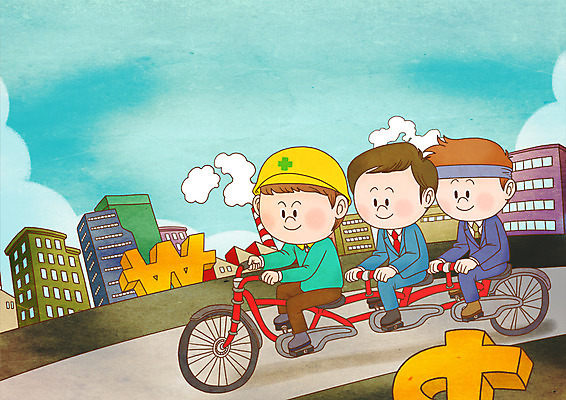 전신 PSD 남자 일러스트 공장 하늘 협력 노동자 직장 정장 성인 건물 세명 달러 자전거 원화 화폐기호 화합 노사화합 노사관계 3인용자전거 국내일러스트 직업 건축물 기호 옷 돈 회사 비즈니스 공업 사람 바이크 화폐 파일형식