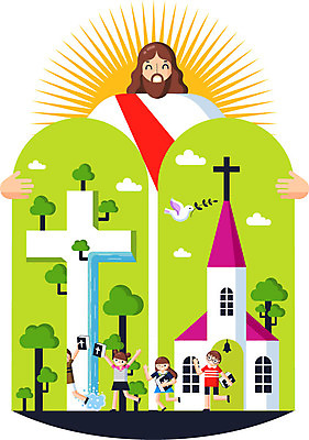 나무 구름 여자 남자 기독교 종교 어린이 십자가 일러스트 조류 나뭇잎 여름방학 여러명 성인 교회 예수 여름성경학교 국내일러스트 AI파일 자연요소 식물 동물 다수 잎 종교건축 방학 사람 건물 신_종교 성경학교 파일형식 벡터 여름_계절