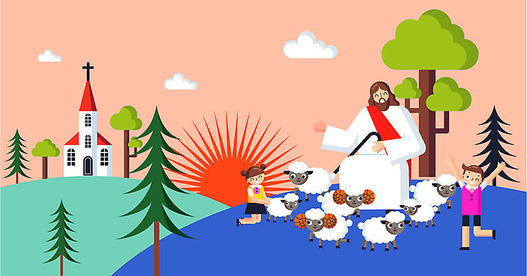 전신 나무 구름 여자 남자 기독교 종교 어린이 일러스트 여름방학 성인 세명 교회 양 예수 언덕 양떼 여름성경학교 국내일러스트 AI파일 자연요소 식물 포유류 종교건축 방학 사람 건물 신_종교 성경학교 파일형식 벡터 여름_계절