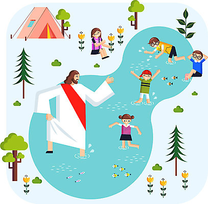 전신 나무 여자 남자 꽃 기독교 종교 호수 어린이 일러스트 물놀이 여름방학 텐트 어류 여러명 성인 소풍 예수 여름성경학교 국내일러스트 AI파일 식물 다수 놀이 방학 캠핑도구 사람 야외활동 수중동물 신_종교 성경학교 파일형식 벡터 여름_계절
