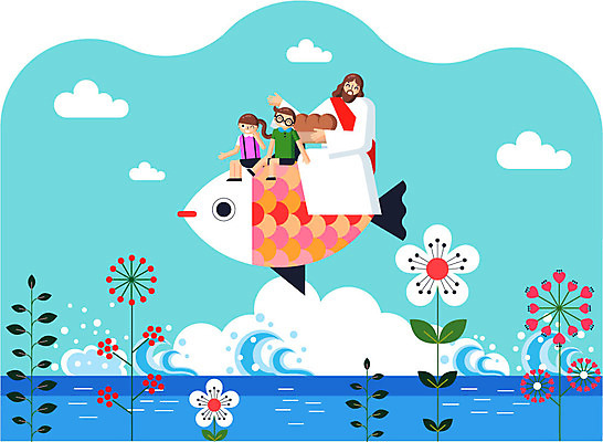 전신 구름 여자 남자 꽃 기독교 종교 어린이 빵 파도 바다 일러스트 여름방학 어류 성인 세명 예수 여름성경학교 국내일러스트 AI파일 자연요소 식물 음식 방학 사람 수중동물 신_종교 성경학교 파일형식 벡터 여름_계절