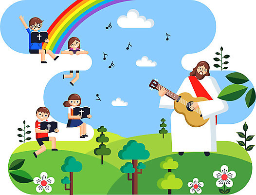 나무 구름 여자 남자 꽃 기독교 종교 어린이 음악 무지개 일러스트 나뭇잎 여름방학 여러명 성인 성경 기타 예수 즐거움 여름성경학교 국내일러스트 AI파일 자연요소 식물 감정 다수 잎 종교용품 현악기 방학 문화예술 사람 신_종교 성경학교 파일형식 벡터 여름_계절