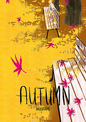 PSD 나무 백그라운드 단풍 낙엽 벤치 일러스트 사람없음 가을풍경 가을 가을배경 국내일러스트 식물 계절 잎 의자 풍경 파일형식 가을_계절