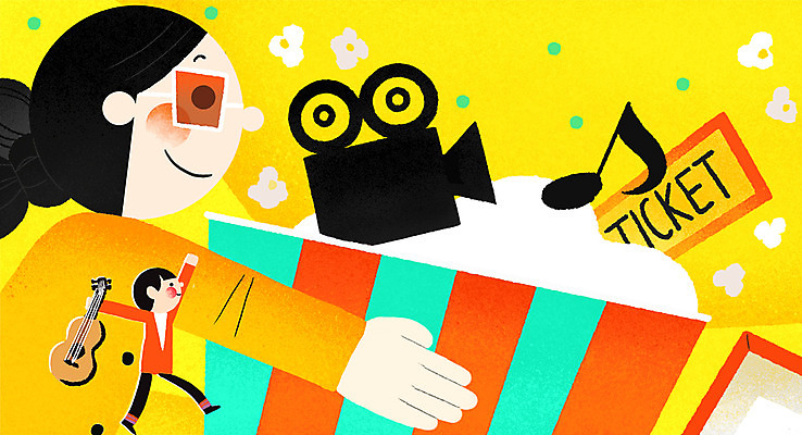 전신 PSD 여자 남자 문화 음악 음표 일러스트 들기 상반신 성인 두명 기타 티켓 영화 팝콘 영사기 문화의날 국내일러스트 기호 모션 현악기 문화예술 사람 파일형식 법정기념일