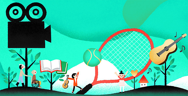 전신 PSD 나무 여자 노년 남자 문화 일러스트 여러명 성인 책 독서 운동 테니스 기타 테니스라켓 테니스공 영화 휠체어 영사기 문화의날 국내일러스트 식물 다수 공 현악기 문화예술 건강 사람 구기 라켓 테니스용품 파일형식 법정기념일